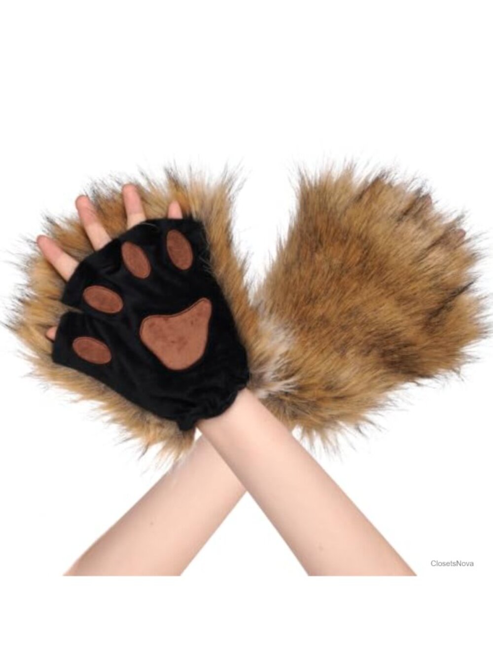 Faux Fur Plush Fingerless Wolf Paw Cosplay Gloves